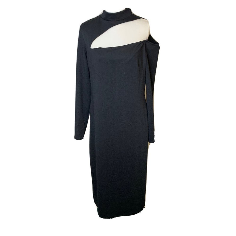 Asos Design Bodycon Dress Sz 14 Black Midi One Shoulder Cutout Long Sleeve Sexy